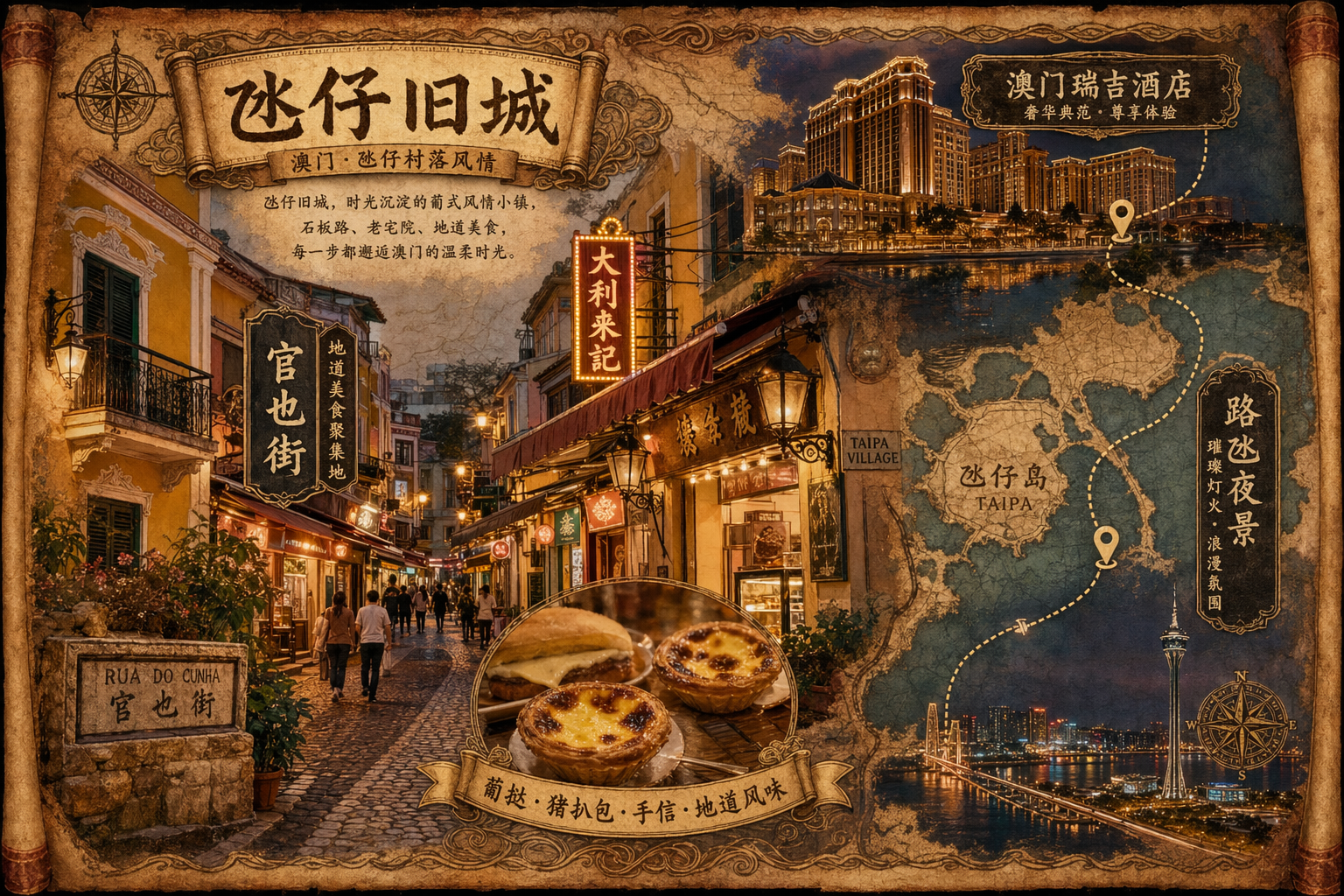 澳门第一天景点卷轴插画