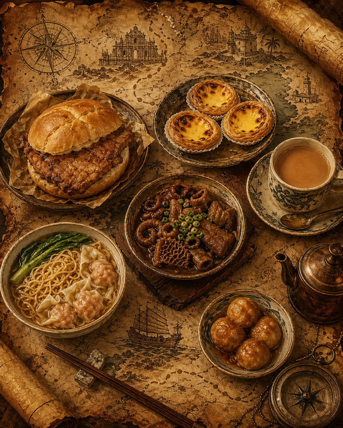 香港换城日美食卷轴插画