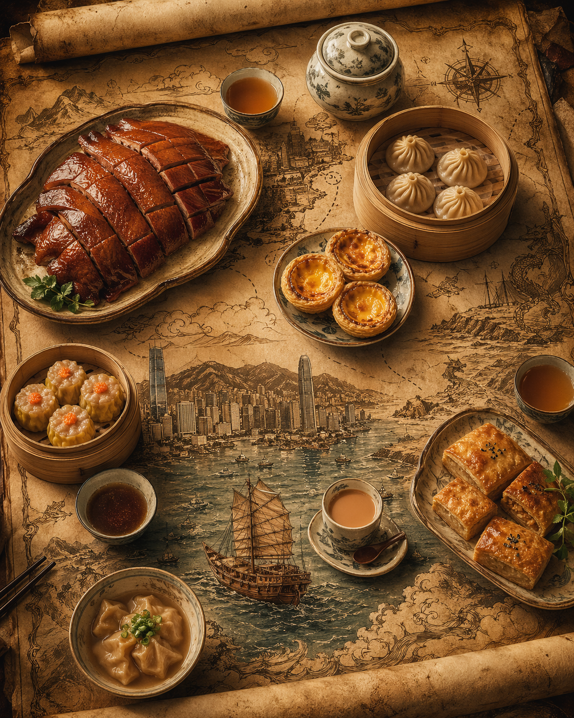 香港茶餐厅与夜市美食卷轴插画