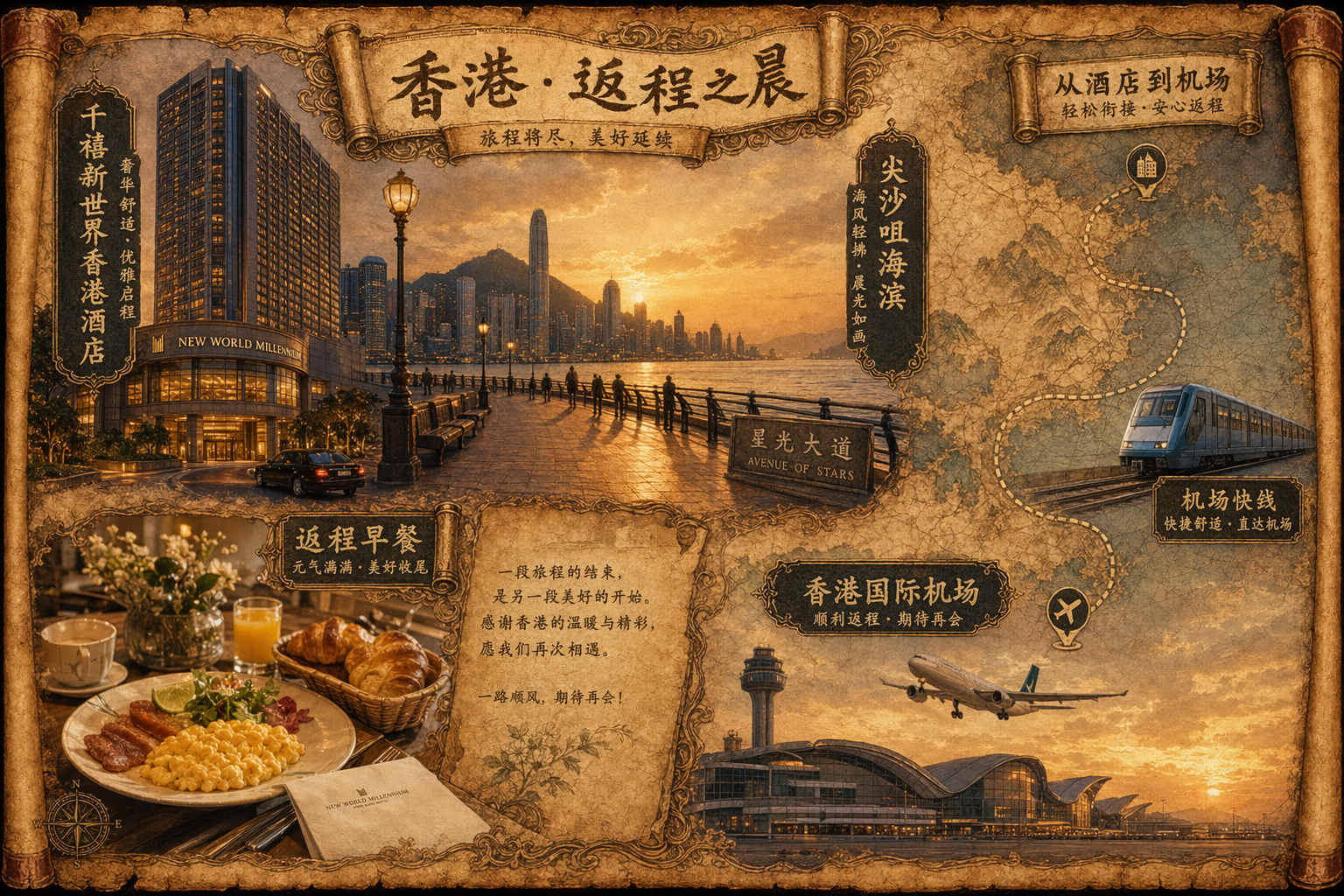 香港返程日景点卷轴插画